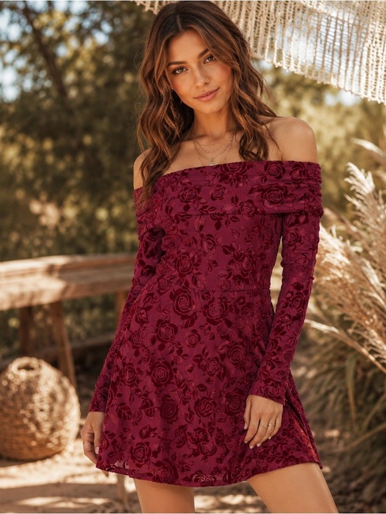 wild fable Dresses & Skirts - Vintage-Inspired Burgundy Velvet Rose Off Shoulder Mini Dress